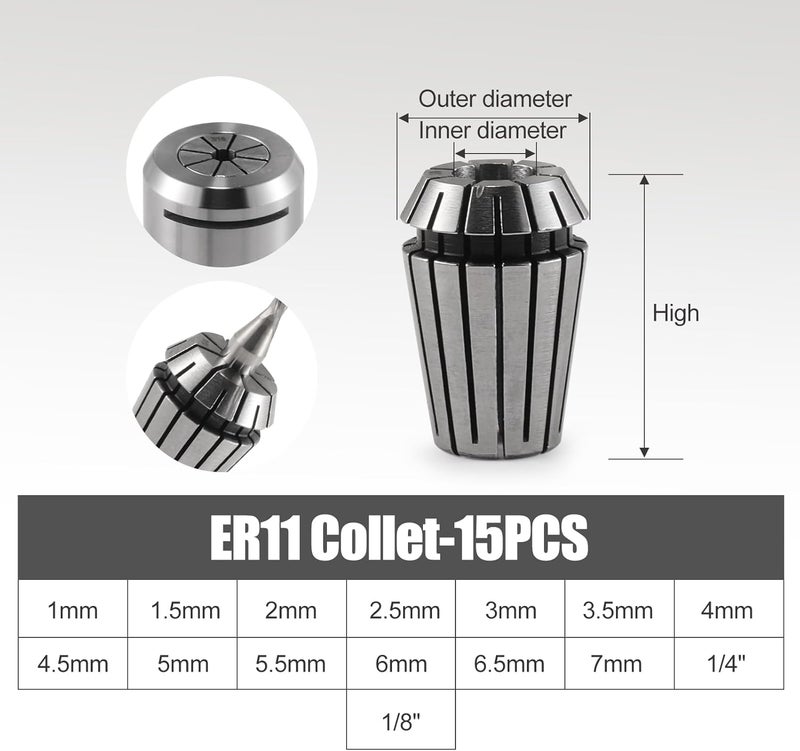 HOZLY 15PCS ER11 Collet Set Precision Tool for CNC Engraving Milling Lathe Chuck Tool,Collets including 1mm-7mm,1/4",1/8" (ER11) - Image 2